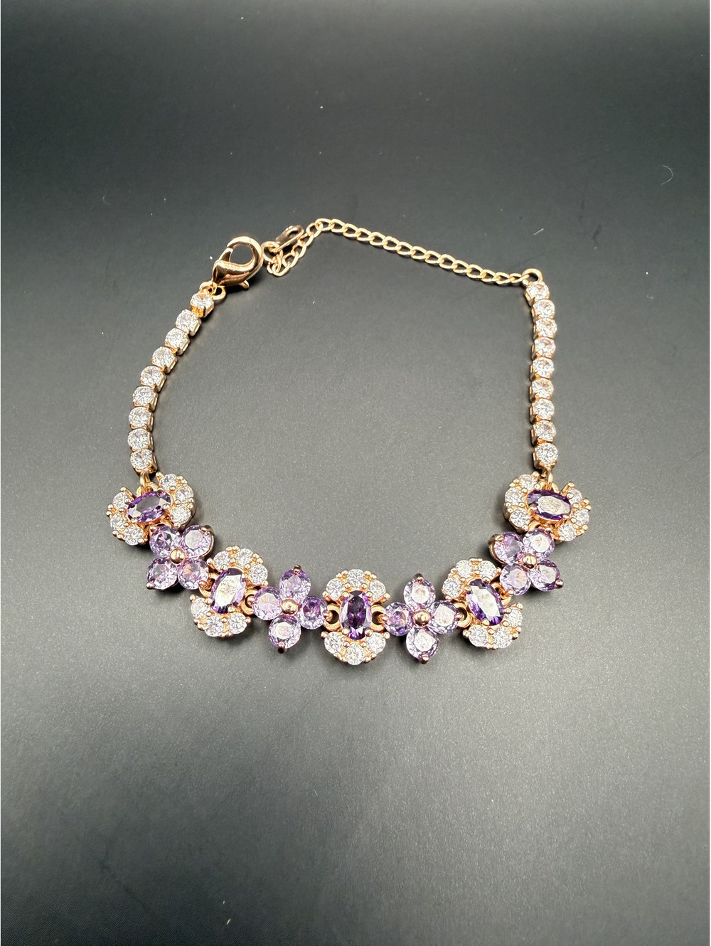 candy+clover Purple Crystal Floral & Crystal Gold Tone Tennis Bracelet